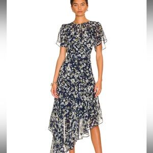 Astr Navy Floral Asymmetrical Midi Dress